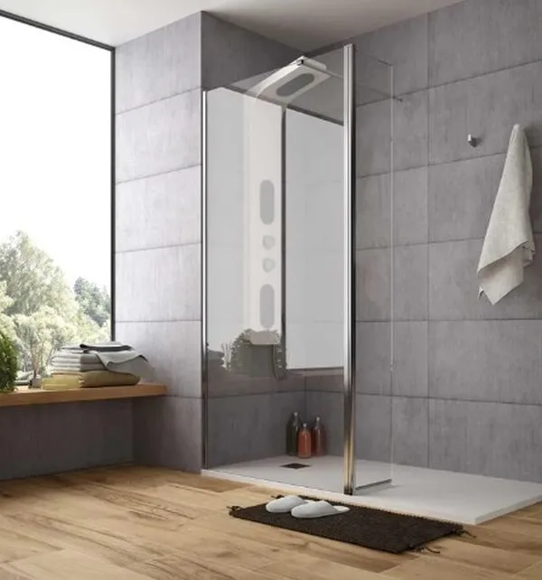 Baño moderno con ducha en blanco y madera