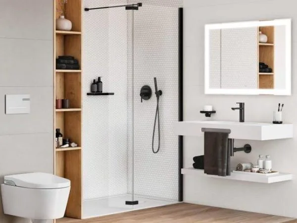 Baño moderno con ducha en blanco y negro