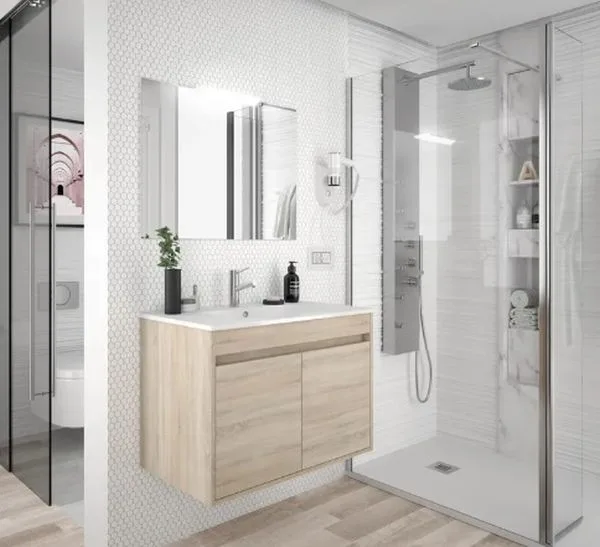 Baño con ducha y muebles en madera de roble