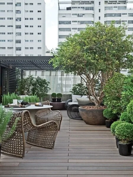 Terraza moderna abierta con arboles en maceta y muebles de madera