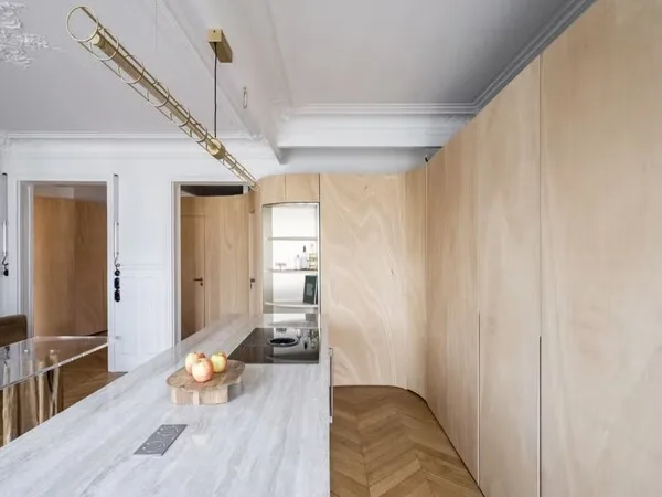 Casa moderna interior cocina comedor con pared de madera contrachapada