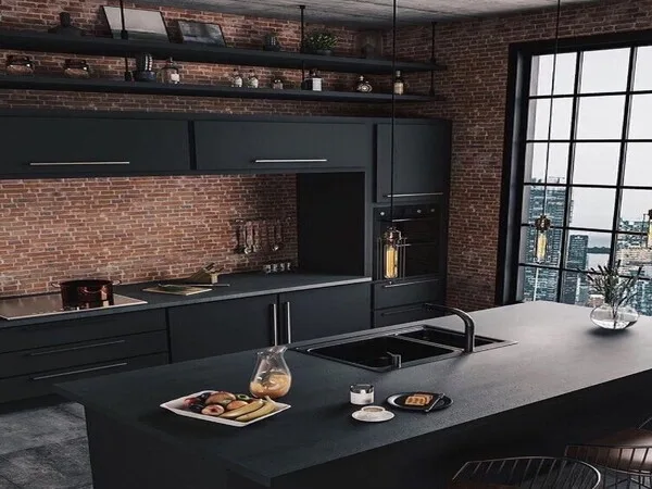 Casa moderna con cocina interior en  decoracion industrial con pared de ladrillos 