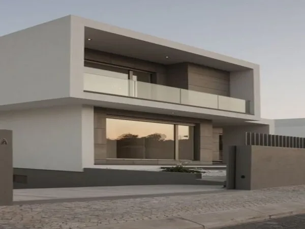 Casa moderna con balcon techado y grandes ventanas