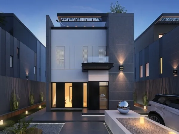 Casa moderna en blanco y negro con ventanas rectangulares