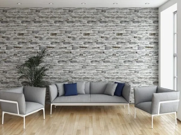 Casa moderna con salon interior con paneles de PVC con aspecto de piedra