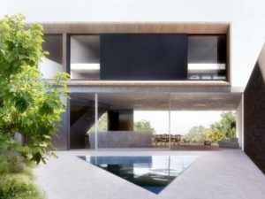 Casa moderna con piscina exterior triangular