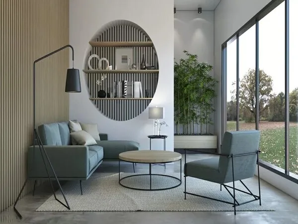 Casa moderna salon con decoracion sustentable