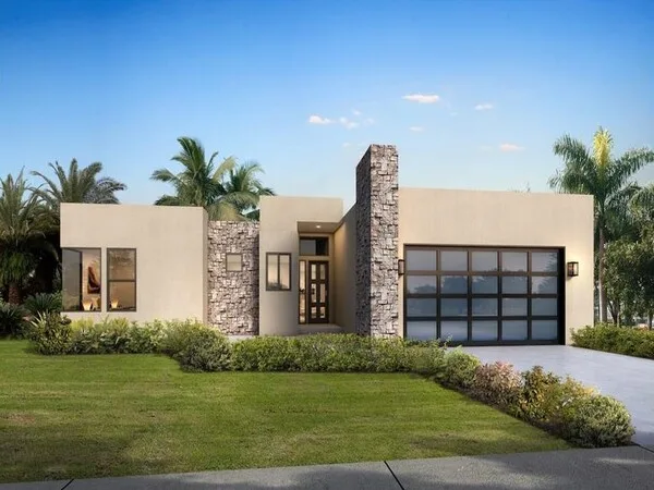 Casa moderna de una planta con detalles en piedra
