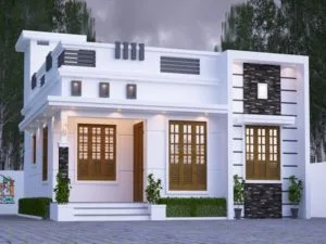 Casa moderna una planta con ventanas y piso de madera