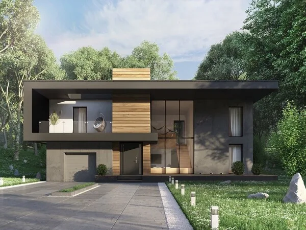 Casa con detalles de madera en ambiente natural