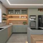 Cocina gris claro con madera