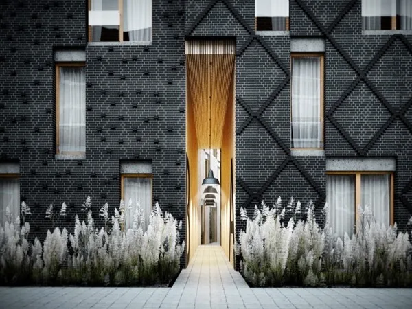 Casa moderna elegante con ventanas y costinas