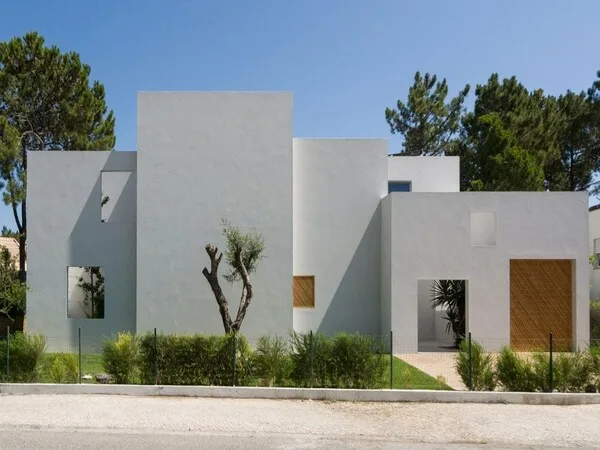 Fachada de casa moderna y bonita minimalista con ventana y puerta de madera
