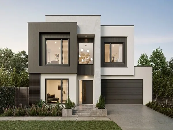Fachadas de casas modernas y bonitas conformada por varios cuadrados en dos tonos de gris