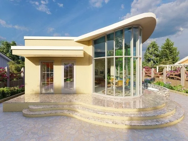 Fachadas de casas modernas bonitas de una planta con lineas curvas