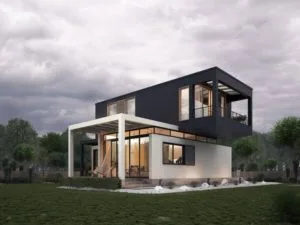 Casa moderna de forma geometrica con ventanas grandes
