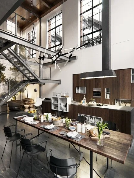 comedor estilo industrial con escaleras metalicas