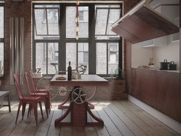 comedor estilo industrial con grandes ventanales 