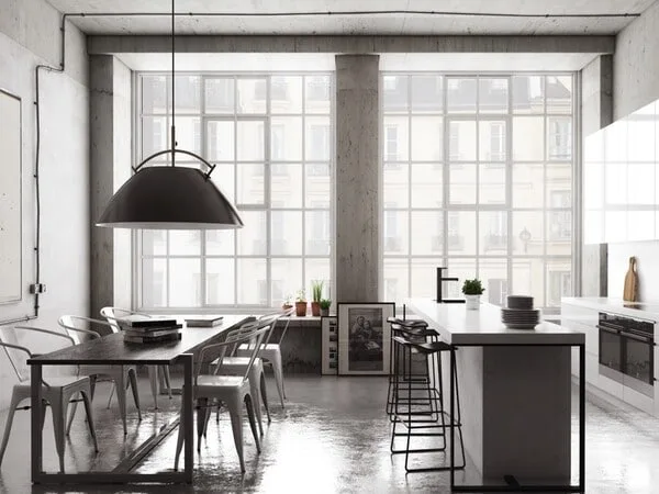 comedor estilo industrial con tuberias expuestas