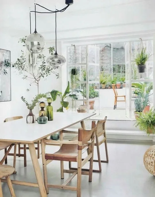 comedor estilo rustico y ecologico con lo verde sobre mesa de madera