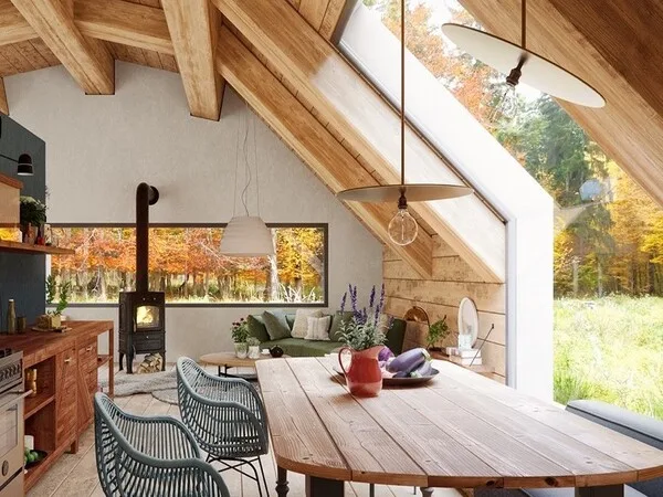 comedor estilo rustico con mucha luz y vista natural
