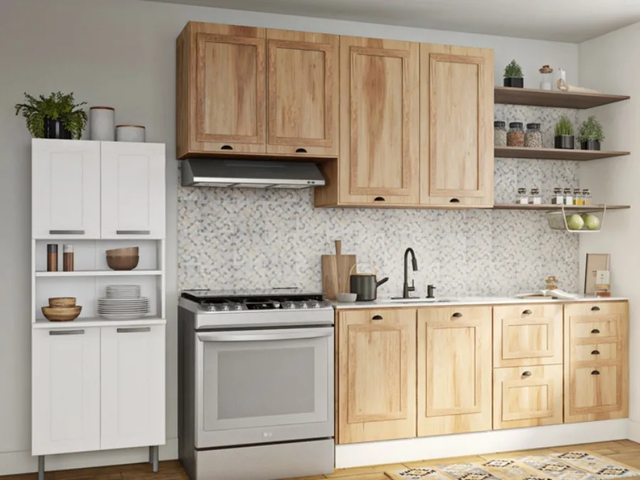 Cocina integral en madera pequeña y funcional