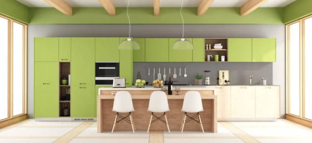 Cocina en verde, gris y madera
