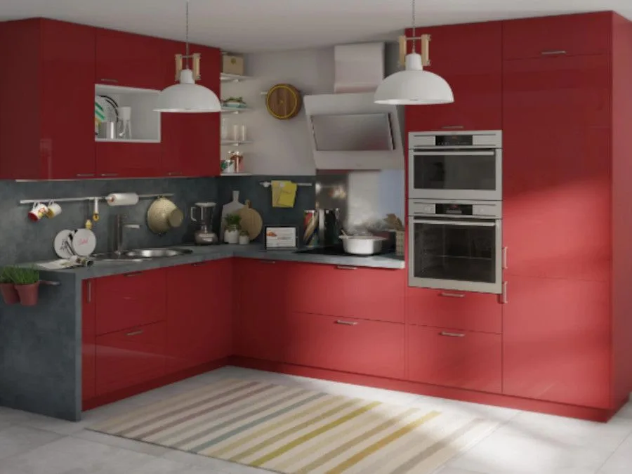 Cocina moderna en rojo y cemento