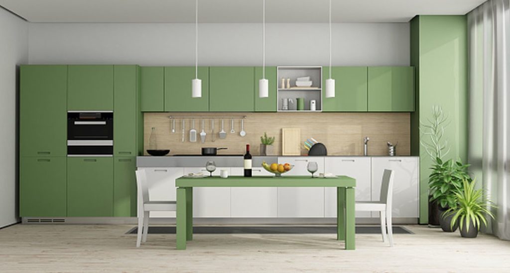 Cocina moderna en verde, blanco y gris