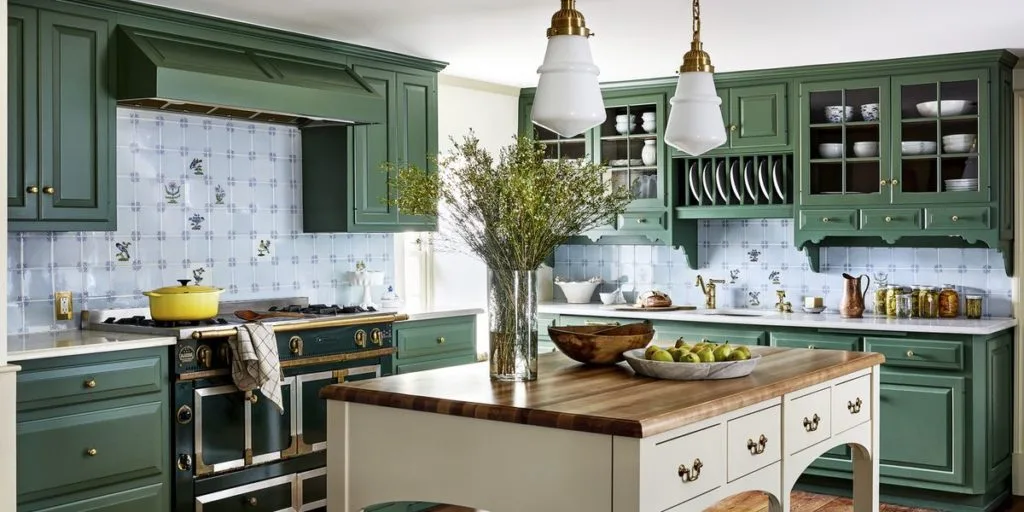 Cocina verde oliva con madera