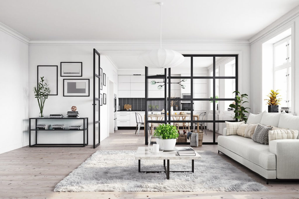 Salon rectangular en dos ambientes con cocina