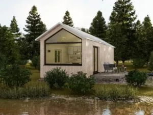 casa pequeña minimalista con sala de estar externa
