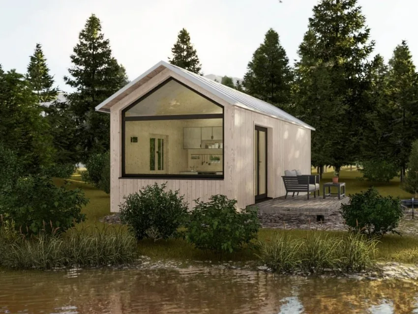 casa pequeña minimalista con sala de estar externa