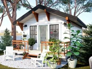 casa pequeña minimalista con jardín y techo a 2 aguas