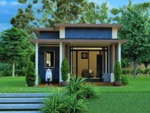 casa pequeña moderna con entorno de césped y plantas