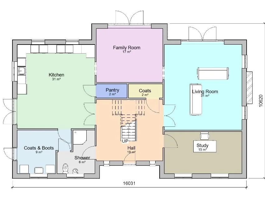 plano de casa de campo cuadrada