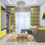 Salón diseñado en ladrillos en color gris con amarillo