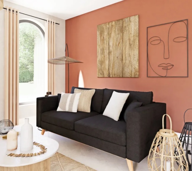 Salon en color salmon con cuadro de lineas finas moderno y panel de maderas