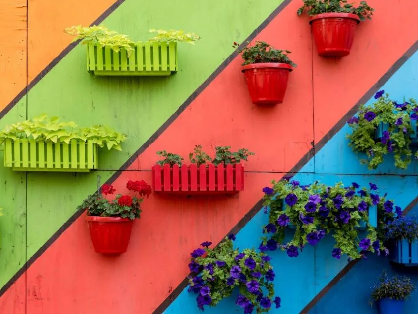 Barda de block con jardín vertical multicolor