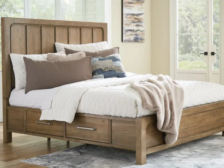 cama de lujo de madera con cajones laterales de almacenamiento