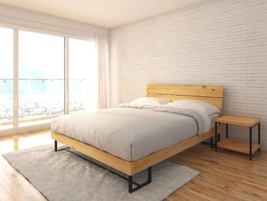 cama de madera de lujo lujo con pátas en metal negro 