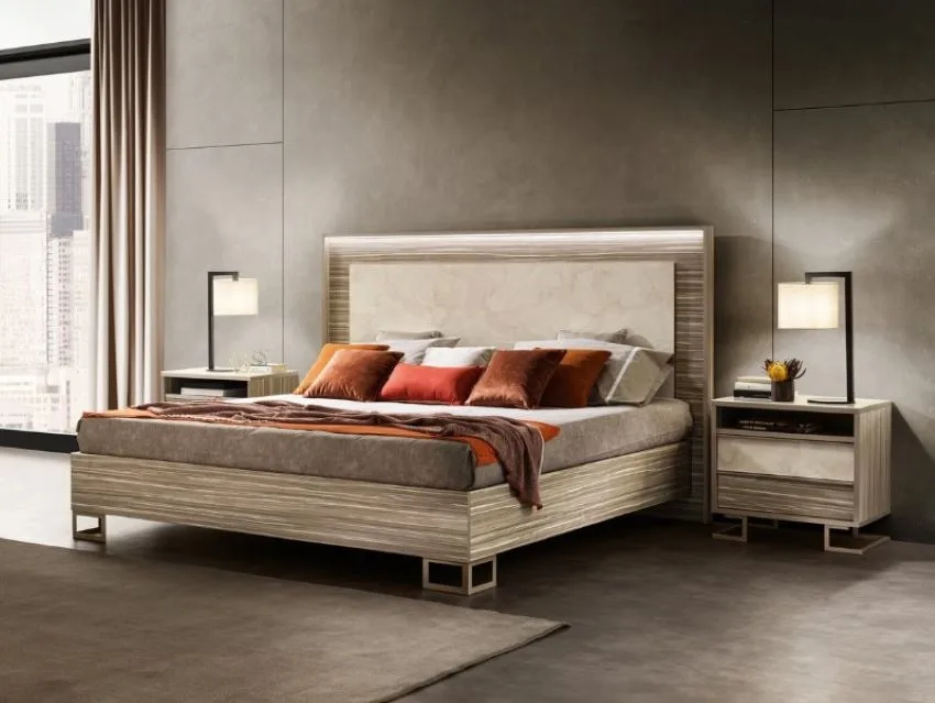 cama de madera minimalista con bases enrejadas
