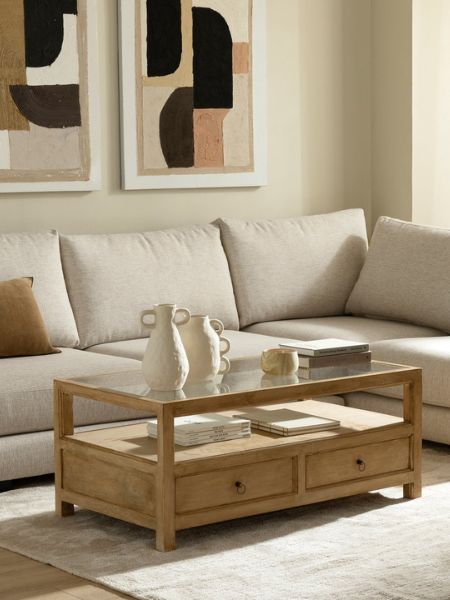 salon acogedor con sofa chaise longue y mesa de centro de madera y cristal y laminas de arte abstracto
