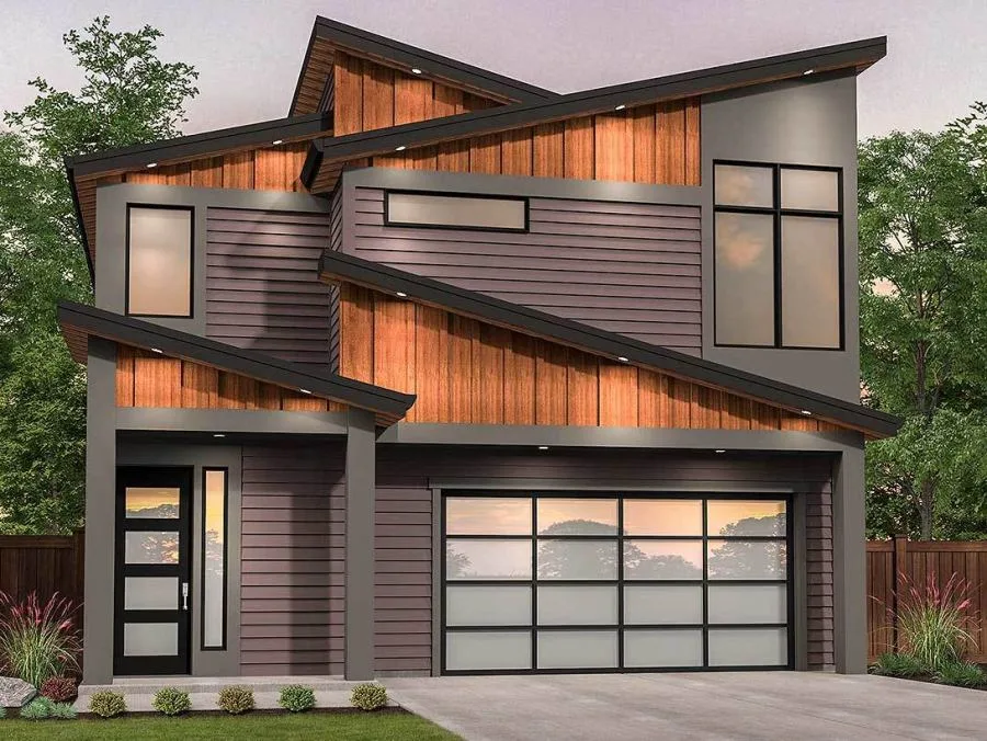 Diseño de casa moderna con techo inclinado en varias alturas