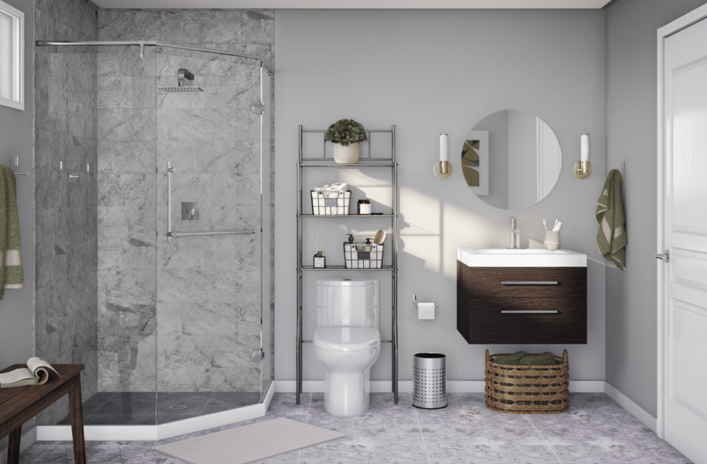 Ideas ahorrar espacio en baño pequeño tonos grises