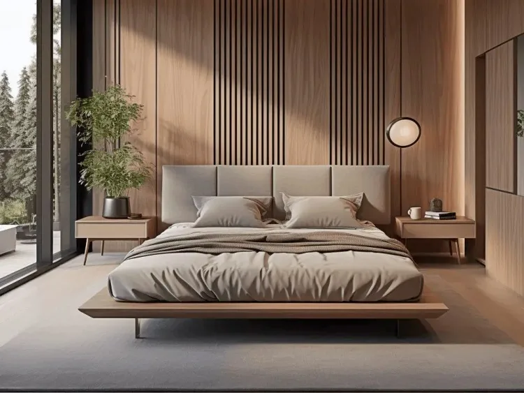 Cama de madera moderna con cabecero gris