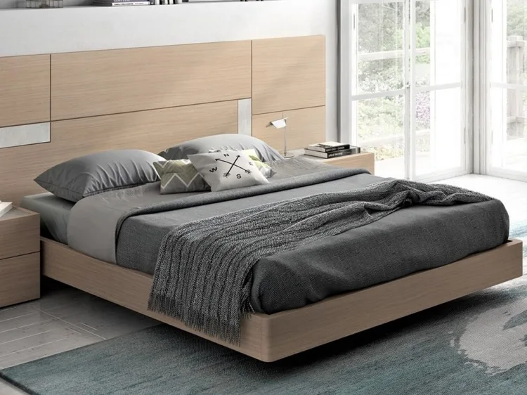 Cama matrimonio de madera en pieza única flotante y moderna