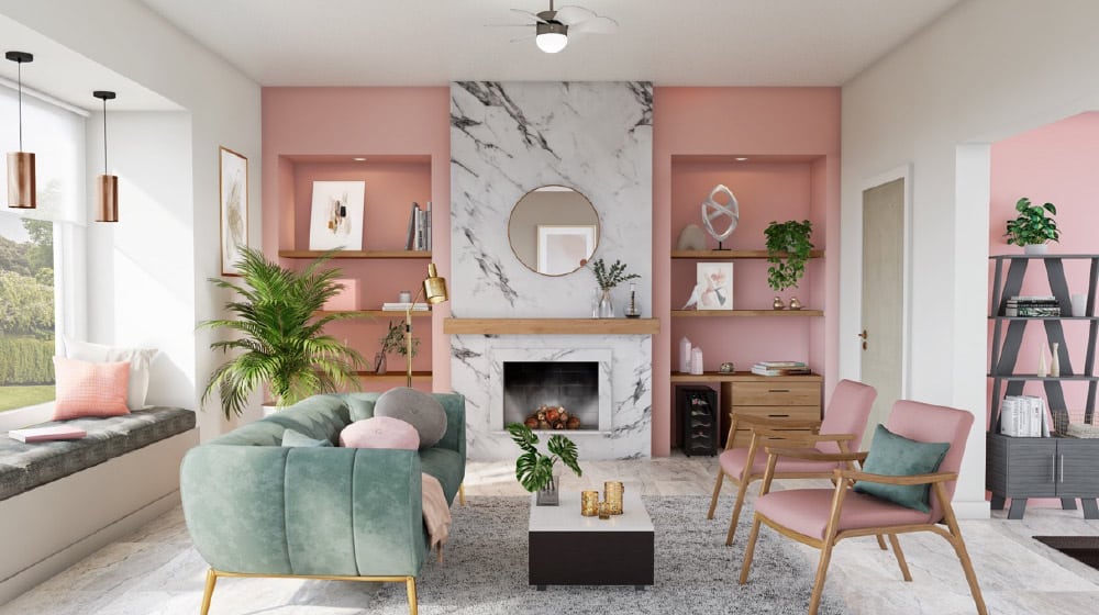 Salon glamuroso de mármol y color rosa con estantes de madera 