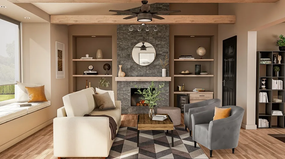 Salon glamuroso de piedra y muros calidos con estantes de madera